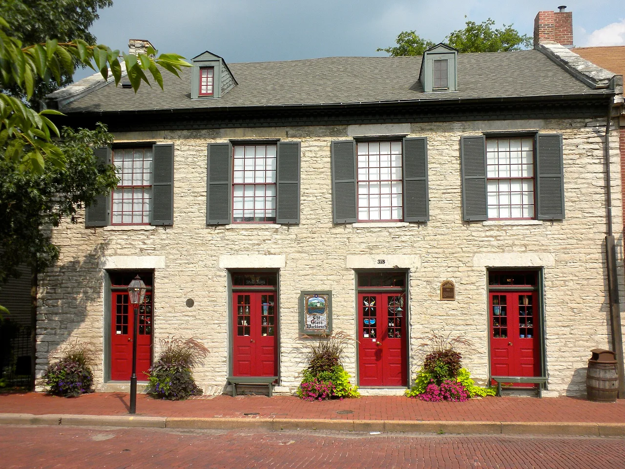 Historic stone row buildings on Main Street in St. Charles, Missouri