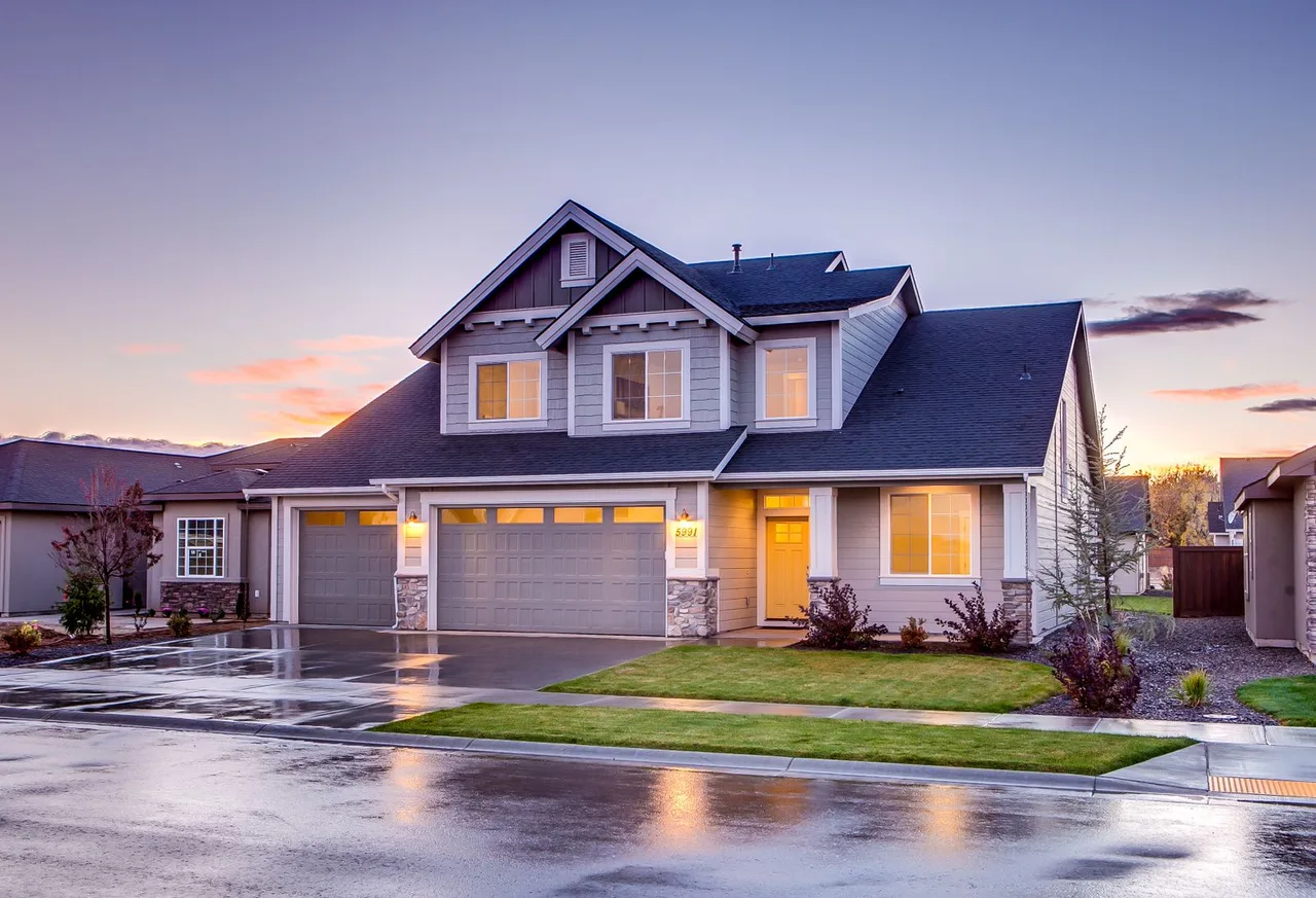 Suburban two-story home at dusk